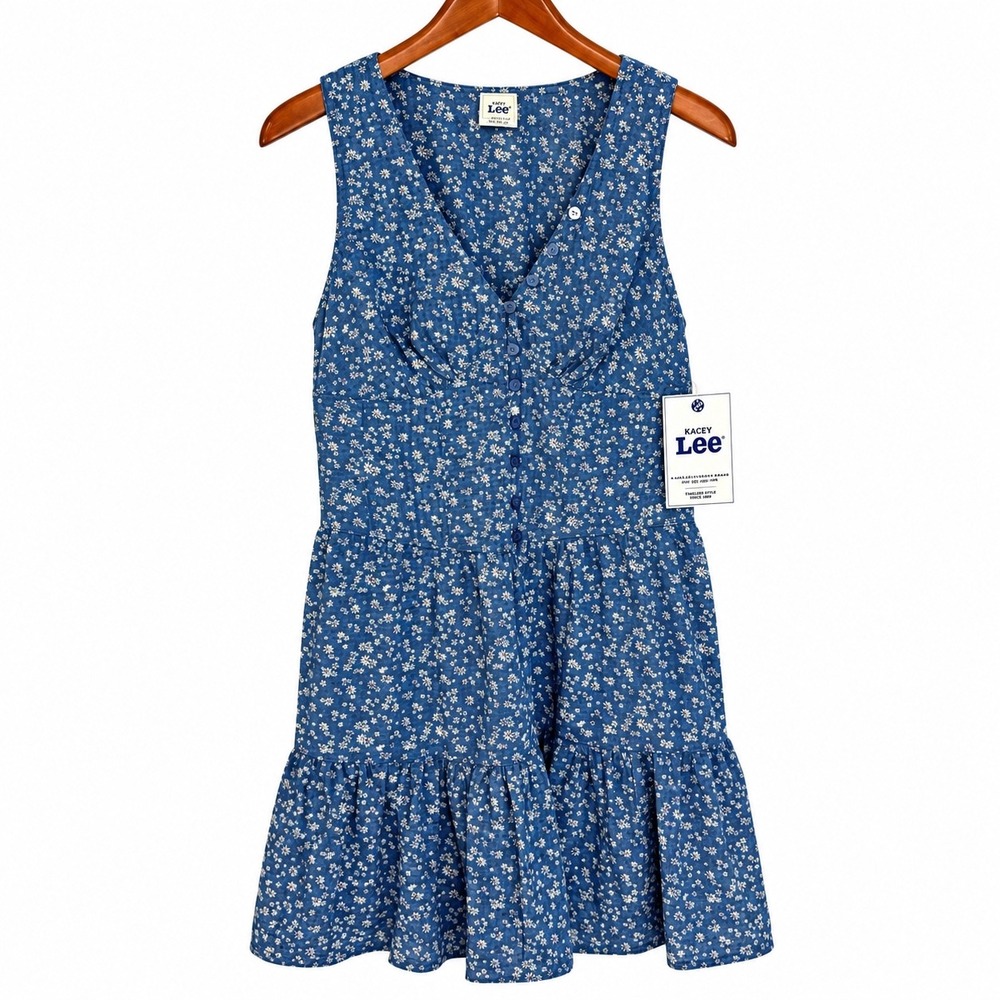 Kacey Lee by Lee Blue Floral Sleeveless Tiered Mini Dress Smocked Back Medium
